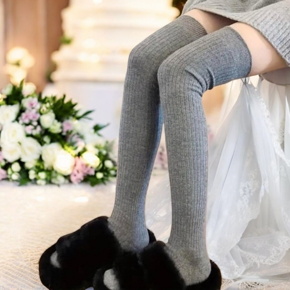 Pair of Gray Thigh-High Soft,‎ Warm, Comfy, Over Knee, Nylon Stockings One Size - Picture 1 of 10